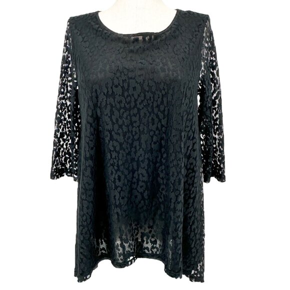 Chicos Burnout Tunic Top Size 2 L 12 Black Lace Sheer 3/4 Sleeves Nylon Poly - Picture 1 of 10